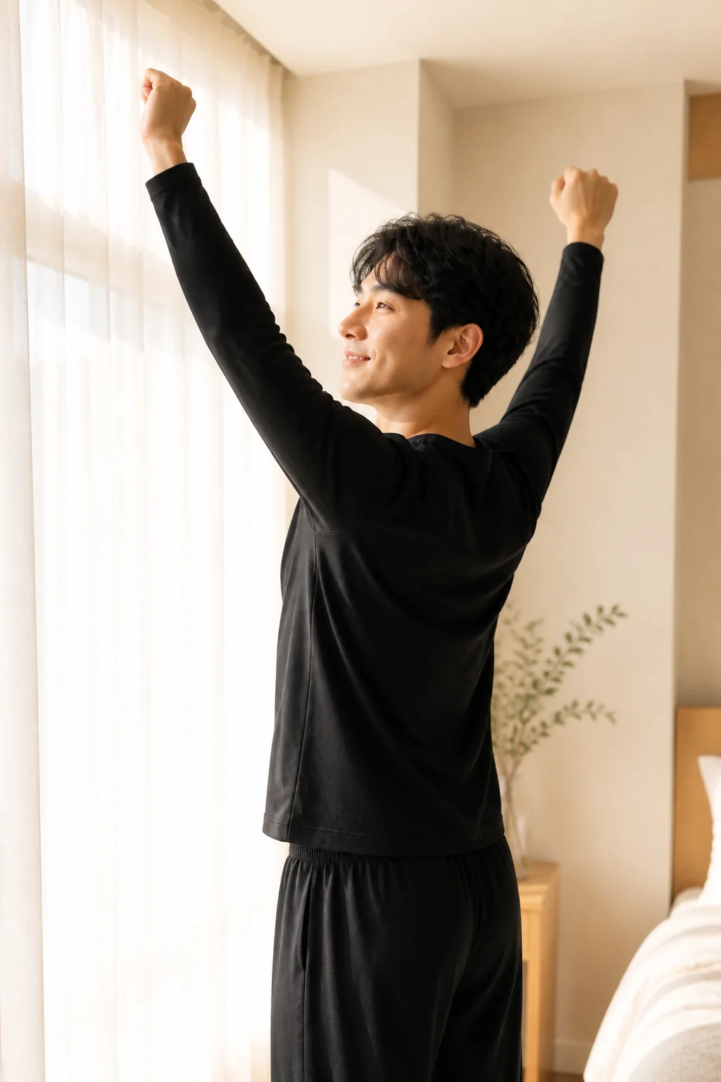 朝、SOINOのリカバリーウェアを着て伸びをする男性