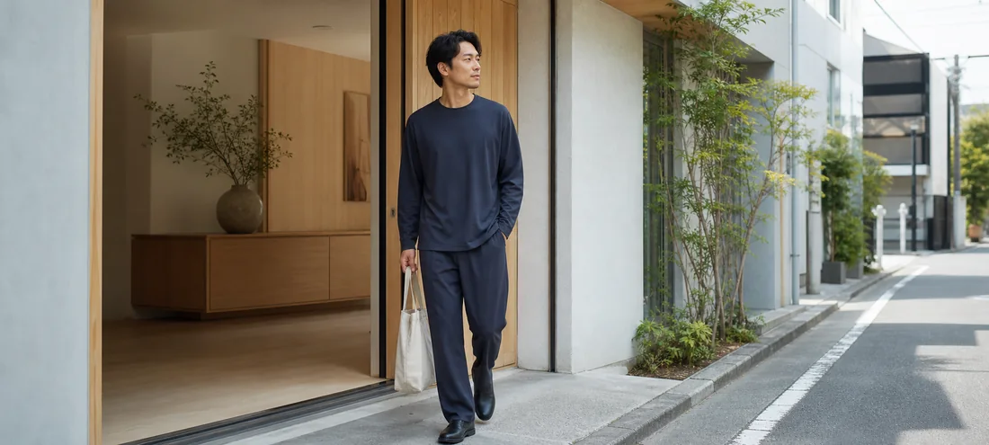 SOINOを着て部屋から街へ出かける人
